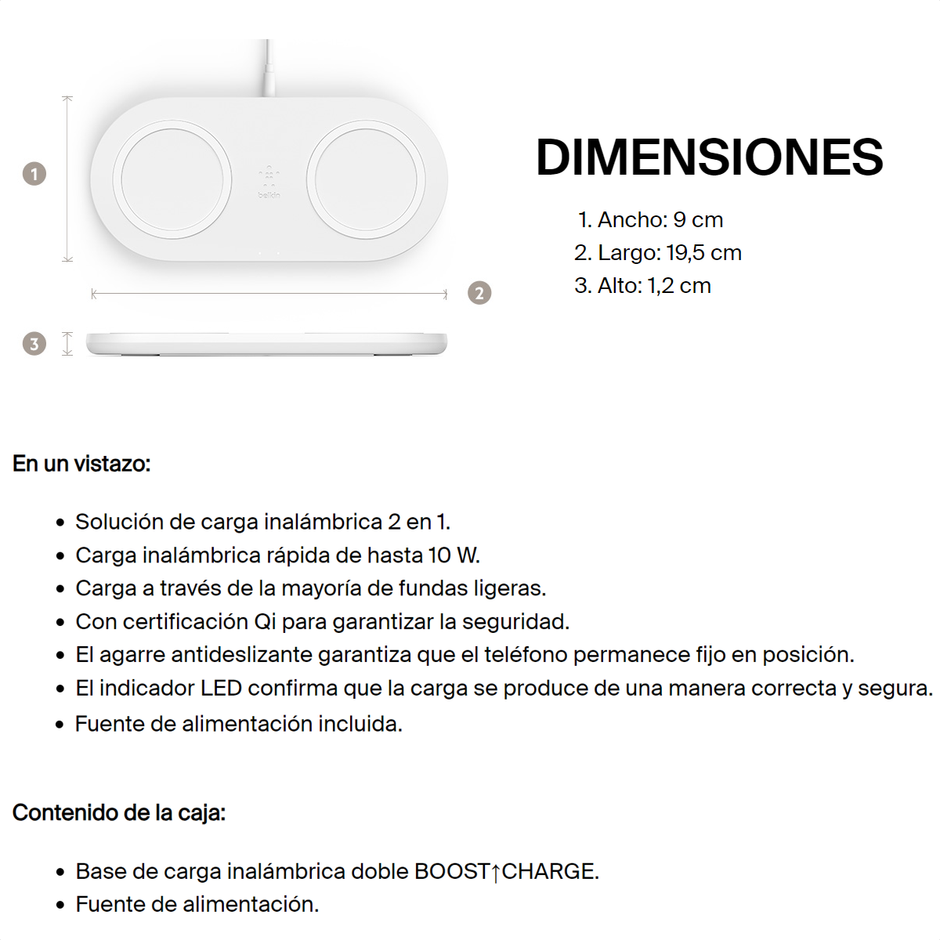 Base De Carga Inalámbrica Dual Qi 10w Belkin Boostcharge WIZ002TTWH Blanco