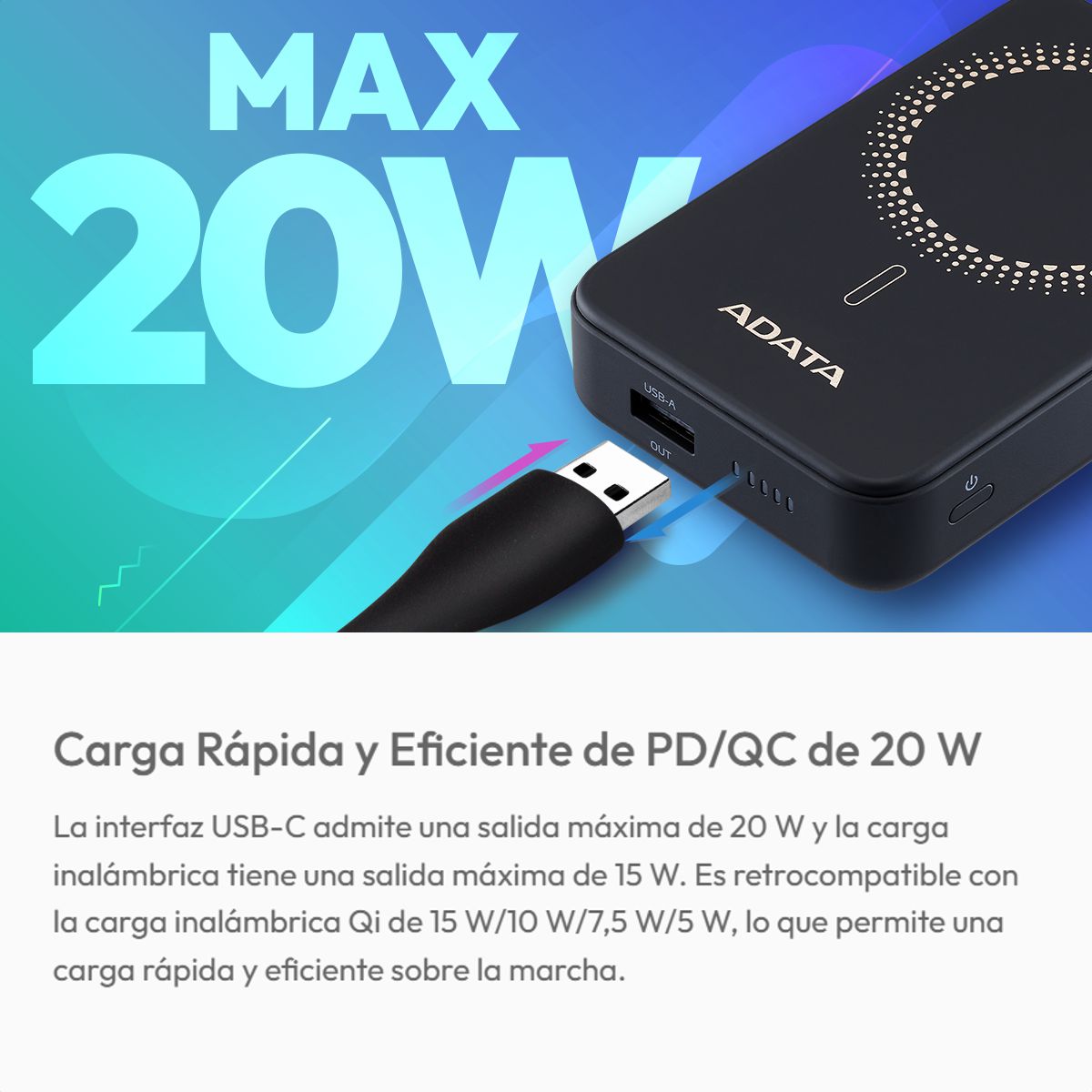 Power Bank ADATA R100 10000mAh Magnético con Carga Inalámbrica Qi y 20W USB-C PD para iPhone y Android