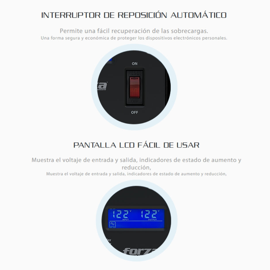 Regulador de Voltaje Forza FVR-3601 3600VA 1800W AVR con Pantalla LCD y 4 Tomas NEMA 5-15R