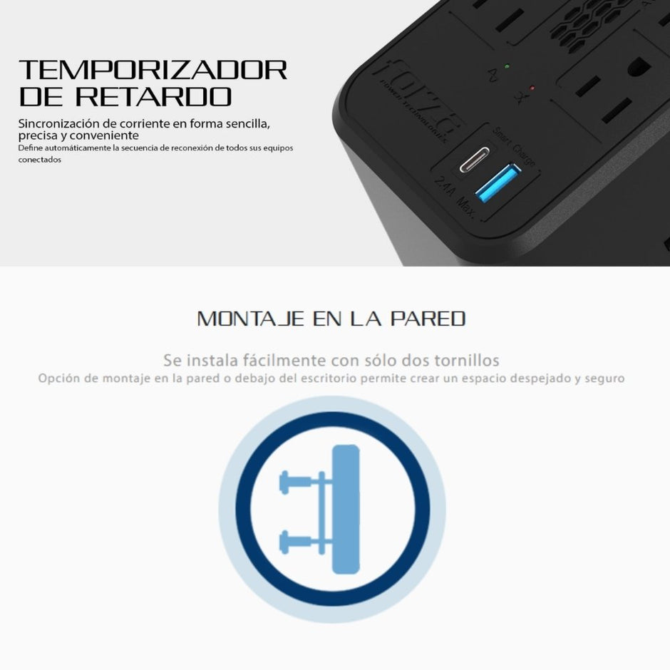 Regulador de Voltaje Automático Forza FVR-1221USB 1200VA con 8 Tomas + 2 USB AVR Protección Eléctrica