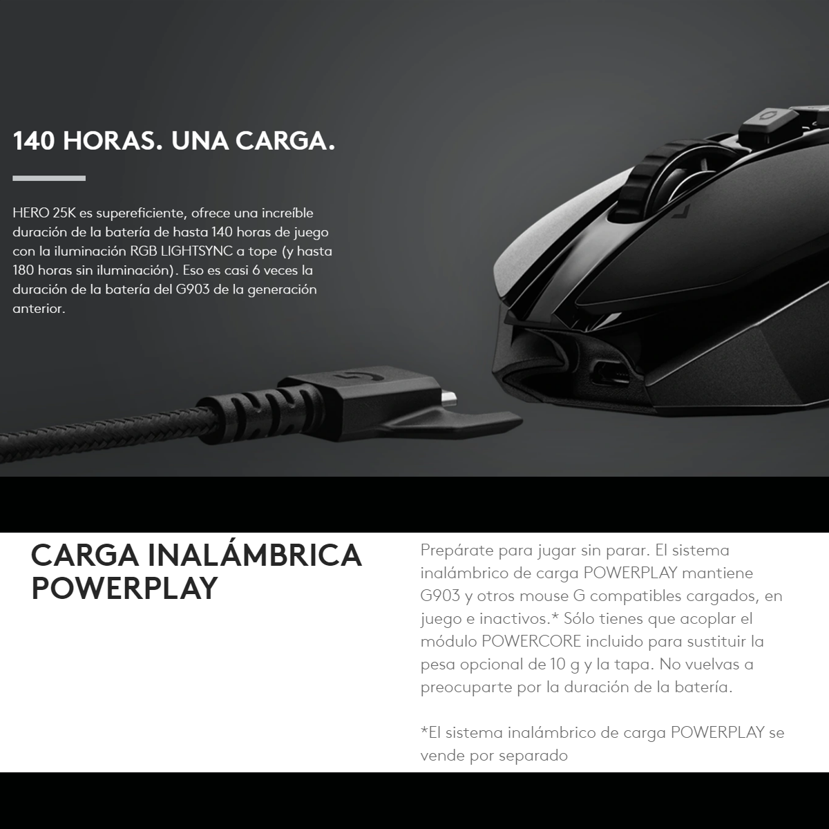 Mouse Gamer Inalámbrico LIGHTSPEED Logitech G903 Sensor HERO 25K Ambidiestro - Negro