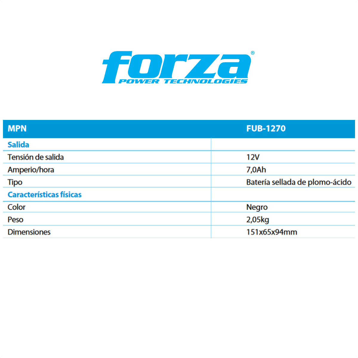 Batería Recargable 12V 7Ah Forza FUB-1270 AGM Sellada para UPS Alarmas y Sistemas de Seguridad