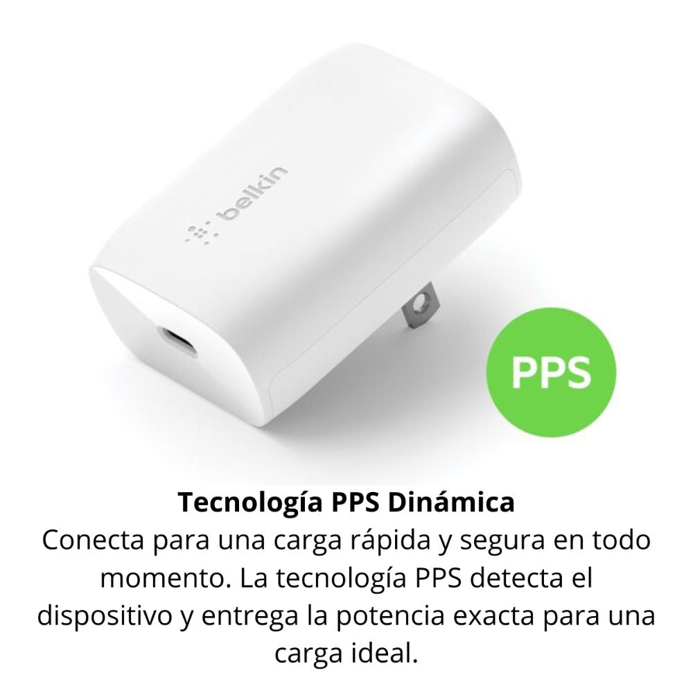 Cargador Belkin BoostCharge 30W USB-C PPS PD 3.0 Carga Rápida iPhone 17/16/15 iPad Samsung