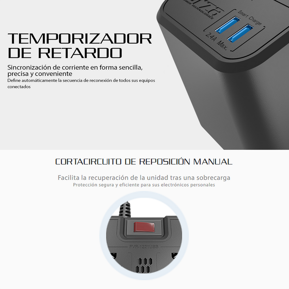 Regulador de Voltaje Automático Forza FVR-1221USB de 1200VA con 8 Tomas + 2 USB