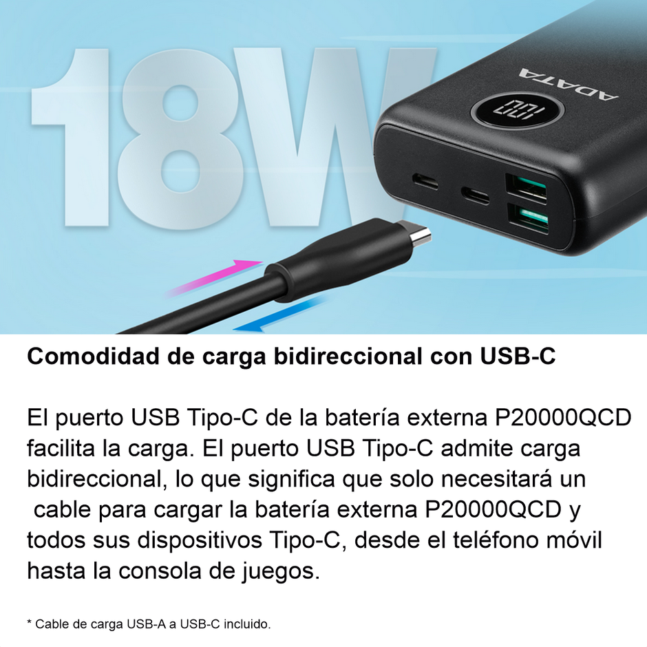 Batería Externa ADATA P20000QCD Power Bank 20000mAh Carga Rápida QC/PD, Azul
