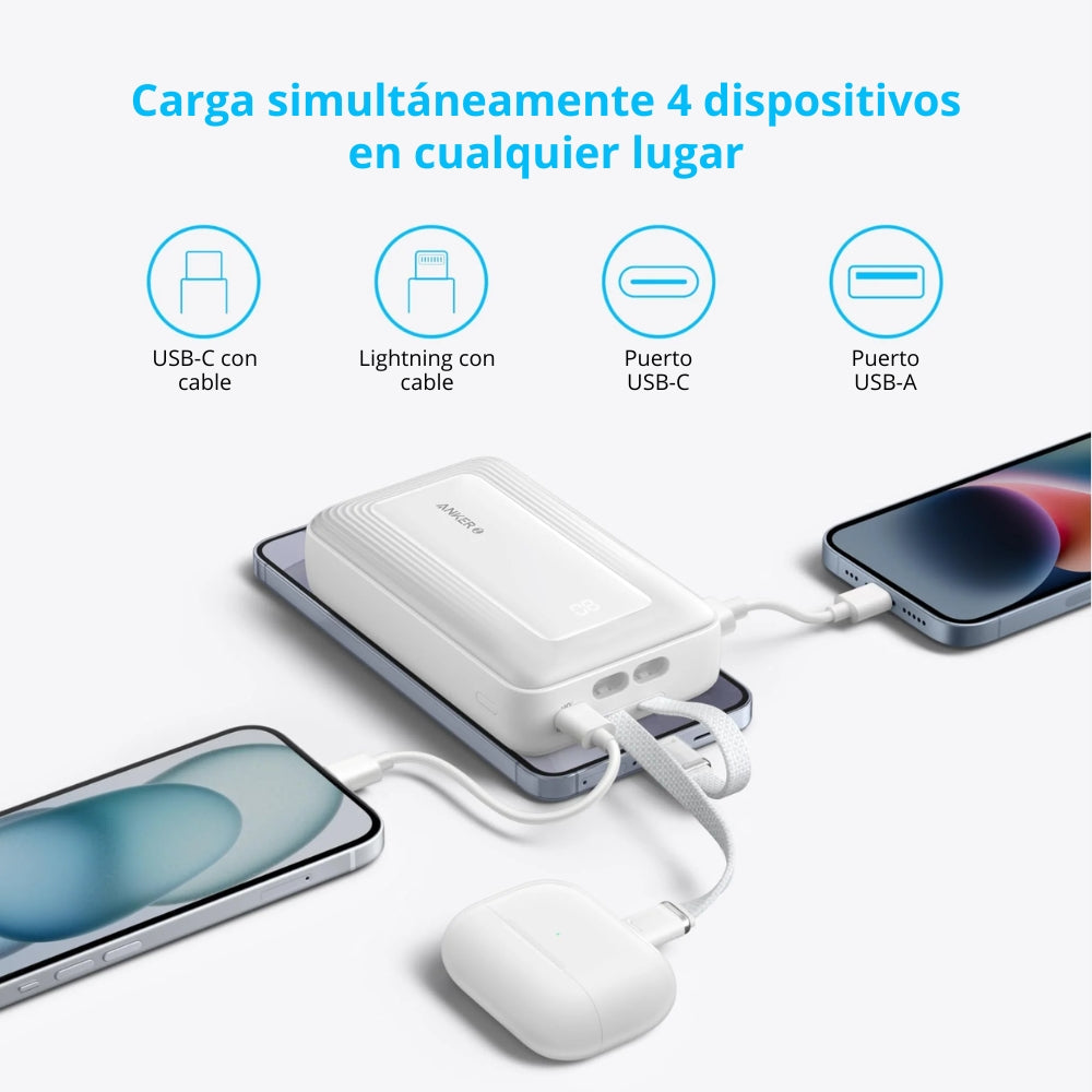Batería Power Bank Anker Zolo 10000mAh Carga Rápida 30W Cables USB-C + Lightning Integrados iPhone - Negro