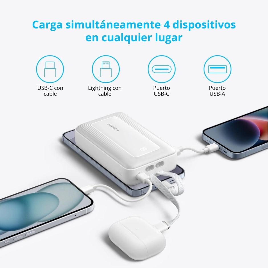 Batería Power Bank Anker Zolo 10000mAh Carga Rápida 30W Cables USB-C + Lightning Integrados iPhone - Negro