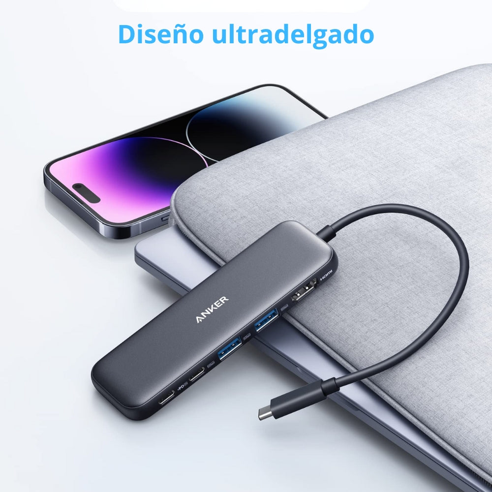 Hub USB-C 5 en 1 Anker 332 con HDMI 4K, 2 USB-A, USB-C y Power Delivery 100W para Laptop