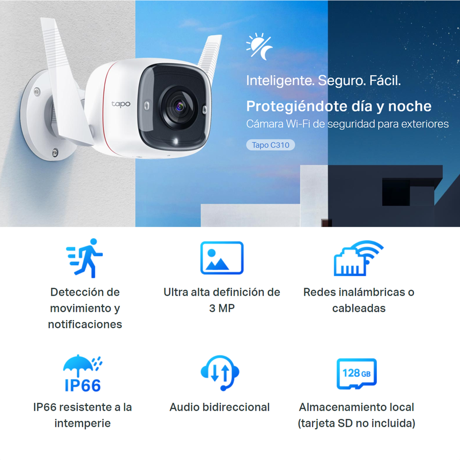 Cámara Seguridad Exterior TP-Link Tapo C310 Wi-Fi 3MP Rotación 360° IP66 Visión Nocturna y Alarma Inteligente  + Micro SD 256GB