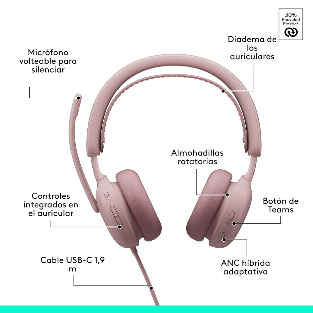 Audífonos Diadema Profesional Logitech Zone Wireless 2 ES Bluetooth ANC Híbrida Adaptativa - Rosado