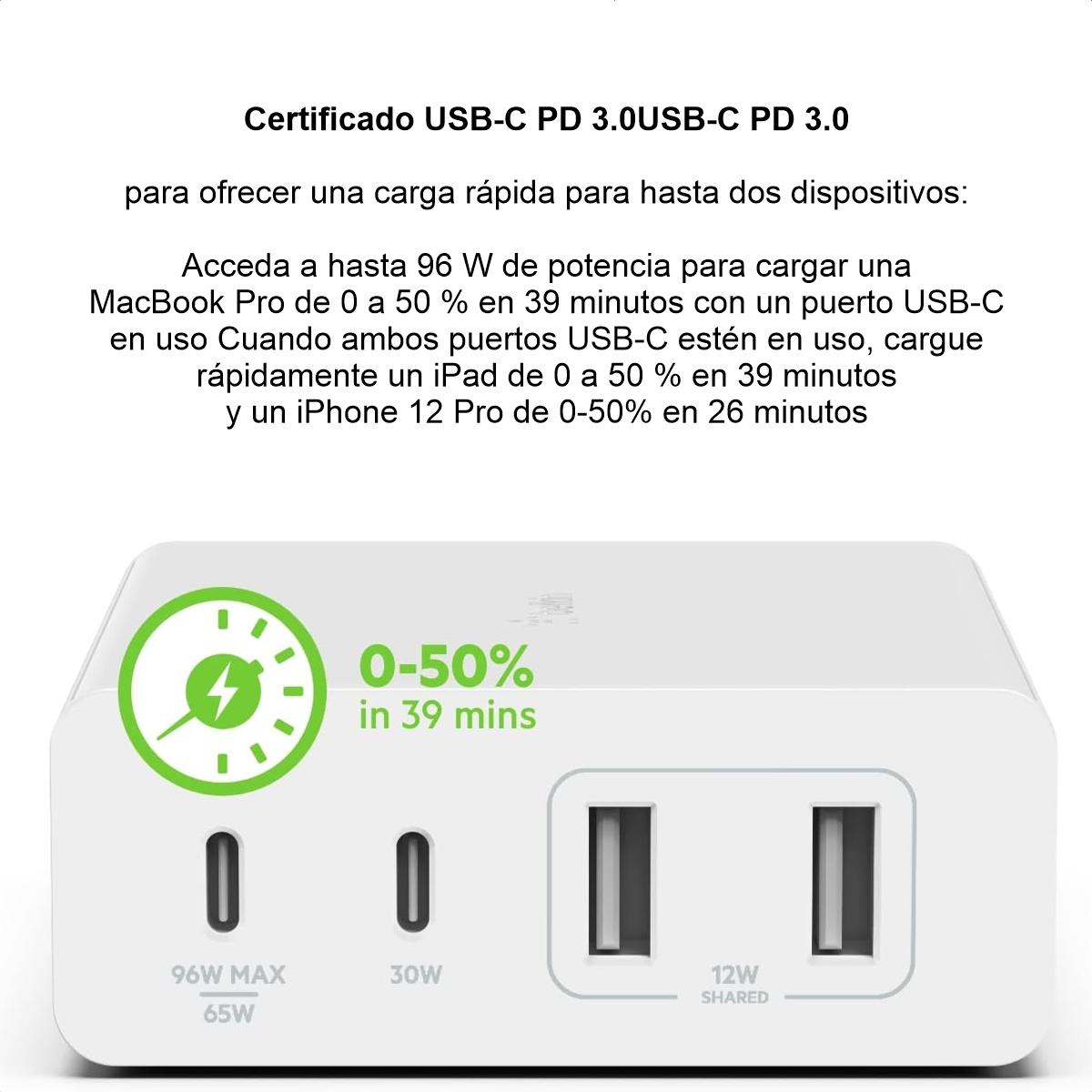 Cargador de Pared Belkin BoostCharge Pro WCH010dqWH GaN 108W con 2 USB-C y 2 USB-A Blanco