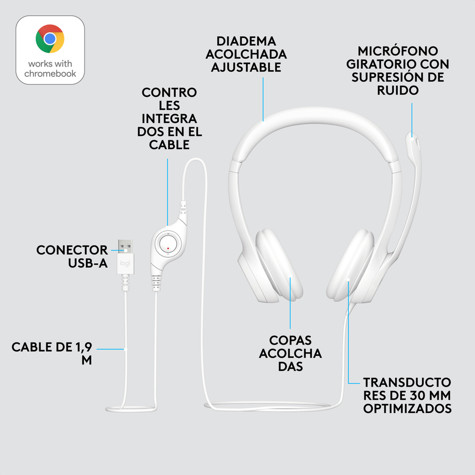 Audífonos Diadema USB Logitech H390 Micrófono Supresión de Ruido Audio Digital Control Mute - Blanco