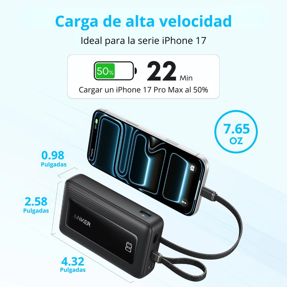 Batería Power Bank Anker Zolo 10000mAh Carga Rápida 30W Cables USB-C + Lightning Integrados iPhone - Negro