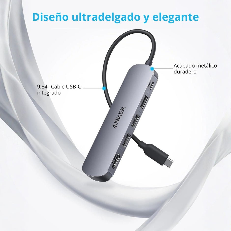 Hub USB-C Anker 5 en 1 con HDMI 4K, USB-A 3.0, 2 USB-A 2.0 y Power Delivery 90W Gris