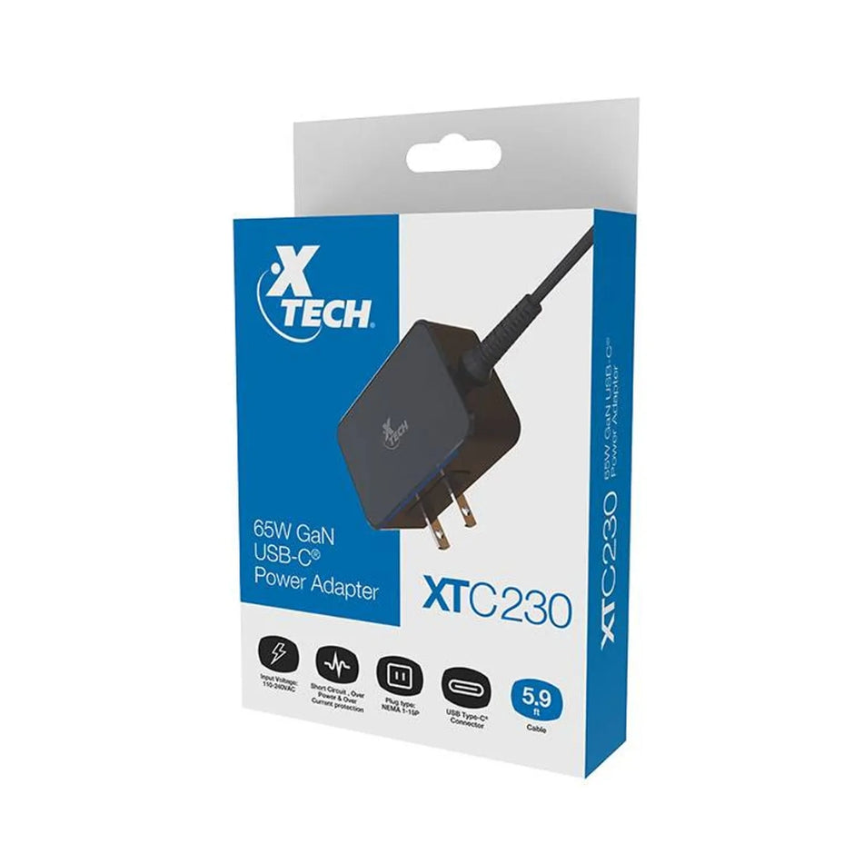 Cargador Laptop Xtech XTC-230 Adaptador Corriente GaN 65W USB-C Carga Rápida Cable 1.8m Celular Tablet