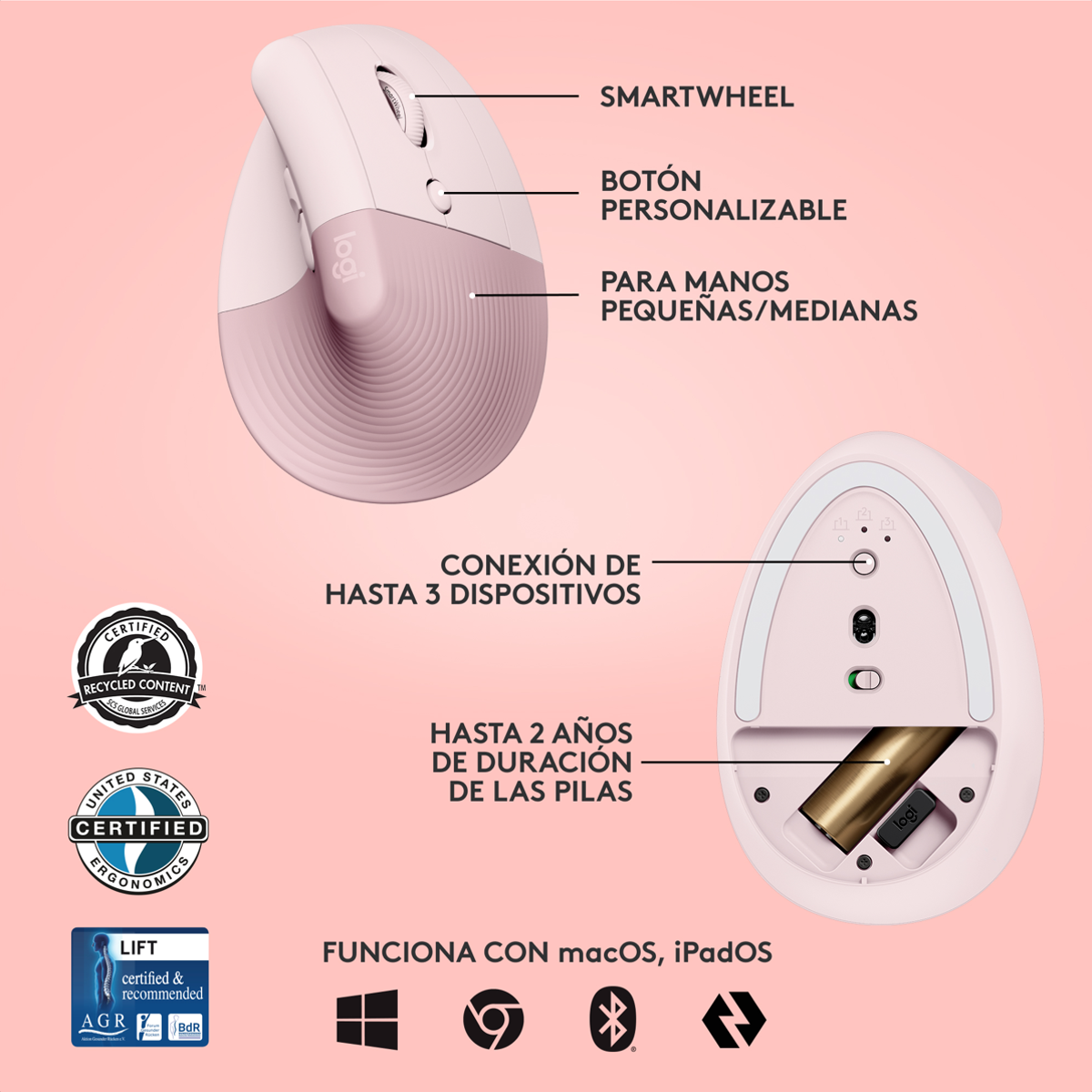 Mouse Ergonómico Vertical Logitech Lift, Inalámbrico para Manos Pequeñas y Medianas, Rosa