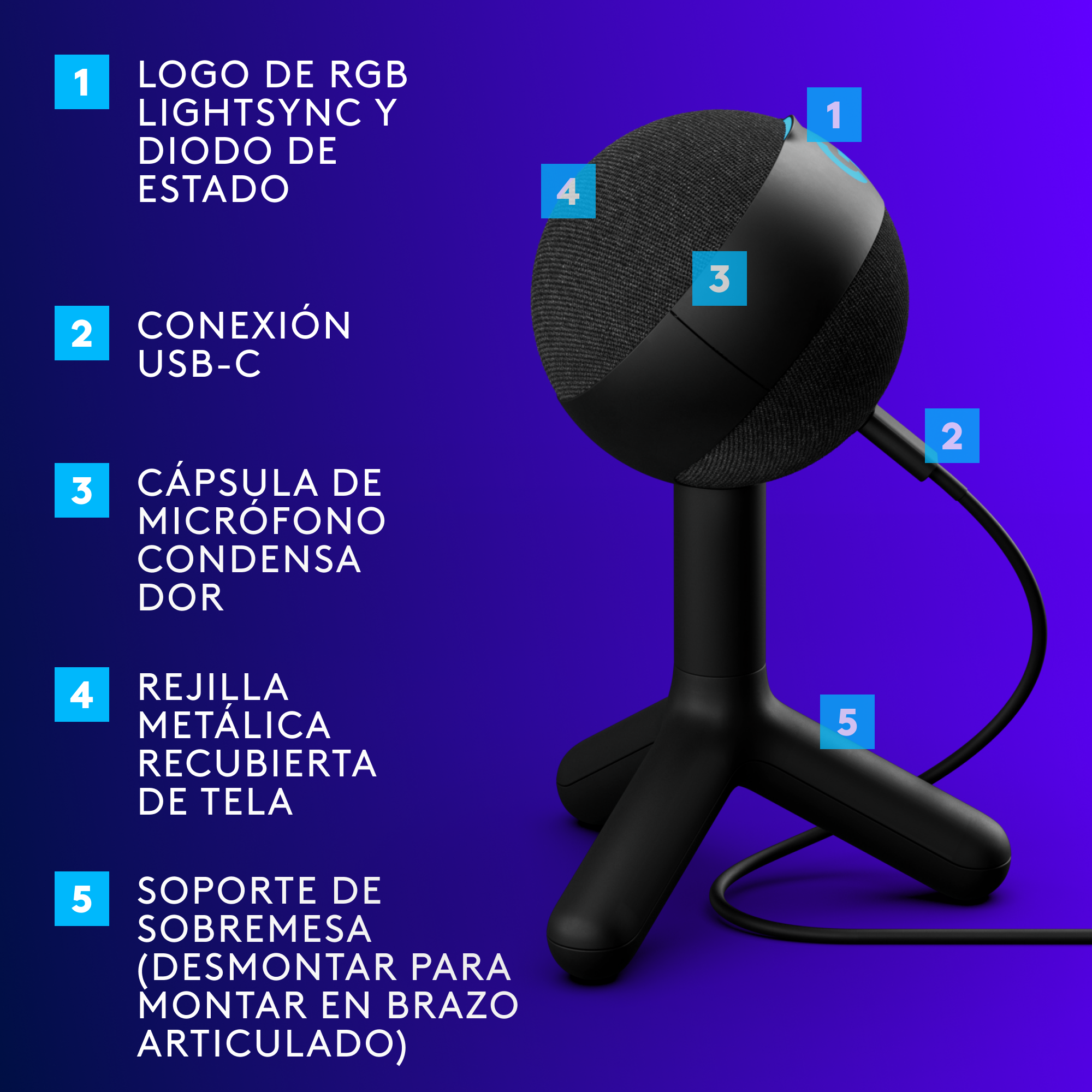 Micrófono Gamer Condensador Logitech Yeti Orb, Rgb Lightsync - Negro