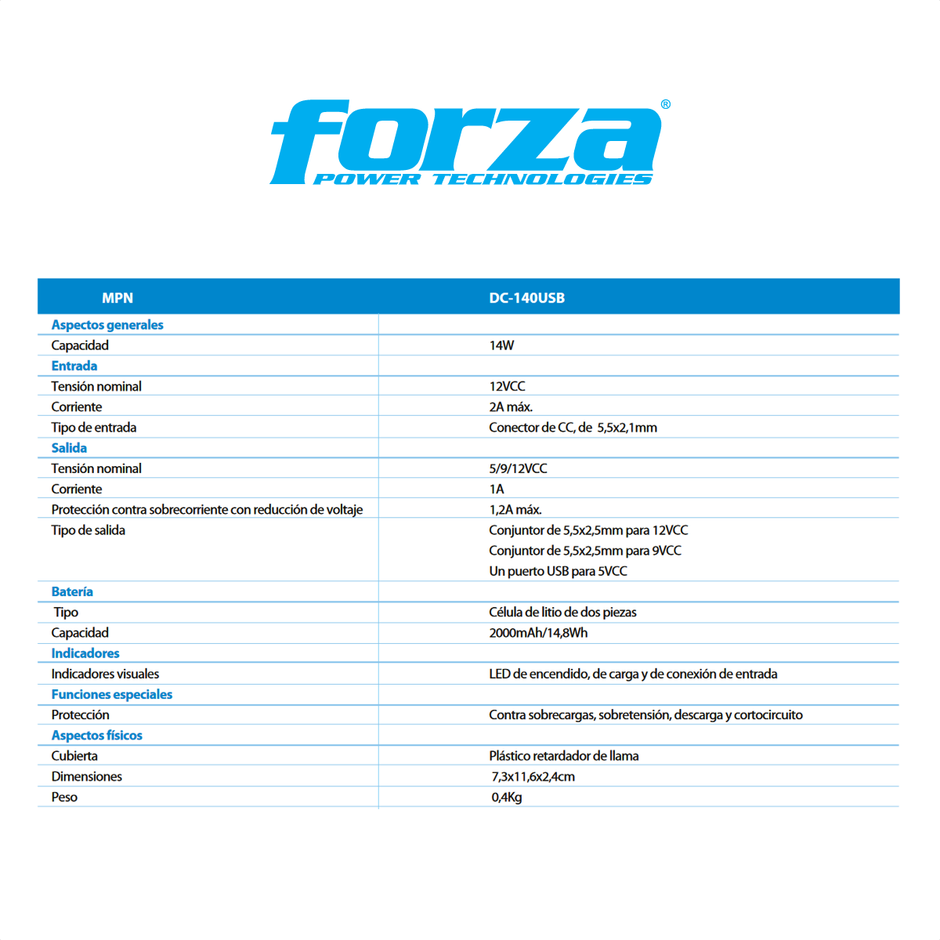 Mini UPS Portátil 14W Forza DC-140USB para Modem Router Wi-Fi