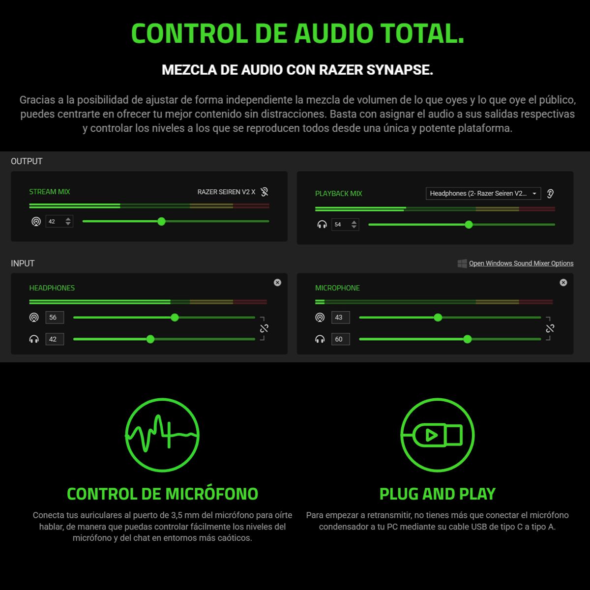 Micrófono Condensador USB-C Razer Seiren V2 X Streaming Gaming 24 Bits 192kHz Plug and Play Negro