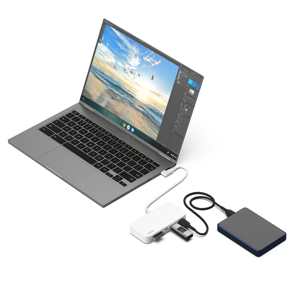 Hub USB-C Belkin INC011btWH 6 en 1 con Ethernet Gigabit, SD, microSD y USB 10Gbps Blanco
