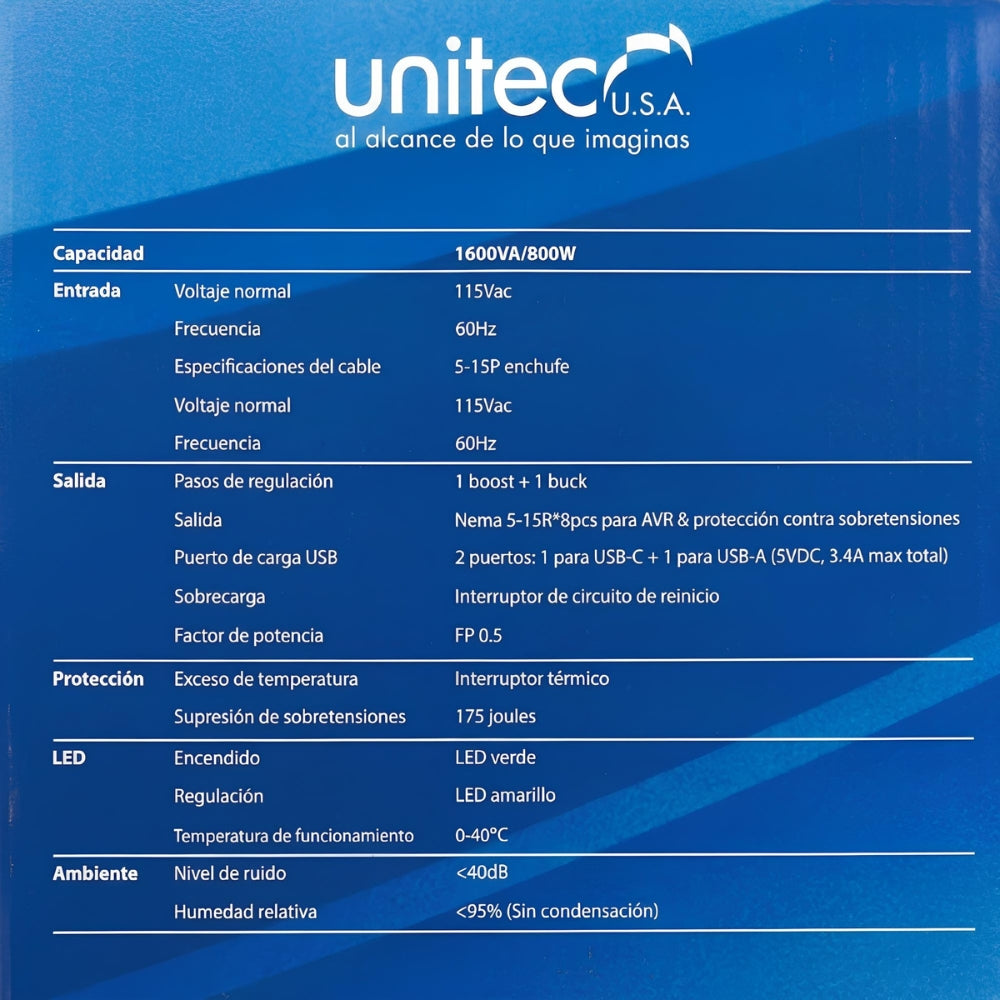 Regulador de Voltaje Automático Unitec I-682 1600VA/800W con 8 Tomas + USB y USB-C