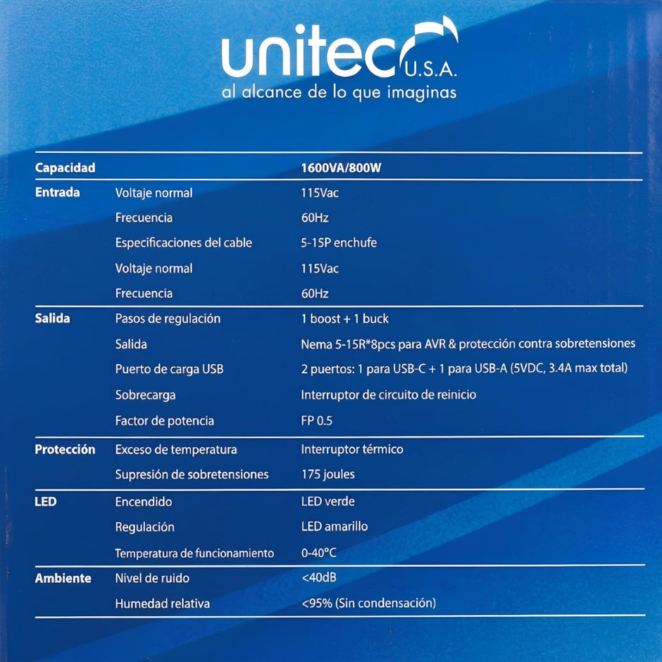 Regulador de Voltaje Automático Unitec I-682 1600VA/800W con 8 Tomas + USB y USB-C
