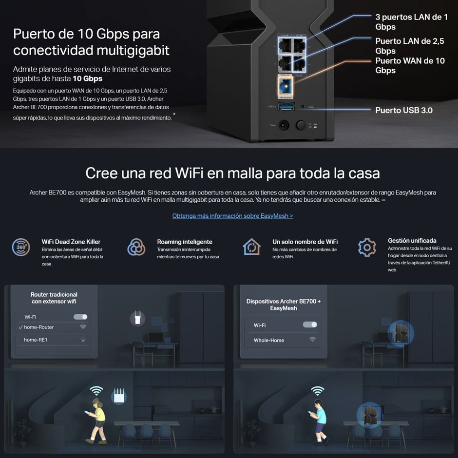 Router Wifi 7 BE15000 TP-Link Archer BE700, 15Gbps, puerto WAN 10 Gbps, puerto LAN 2.5 Gbps, EasyMesh y HomeShield