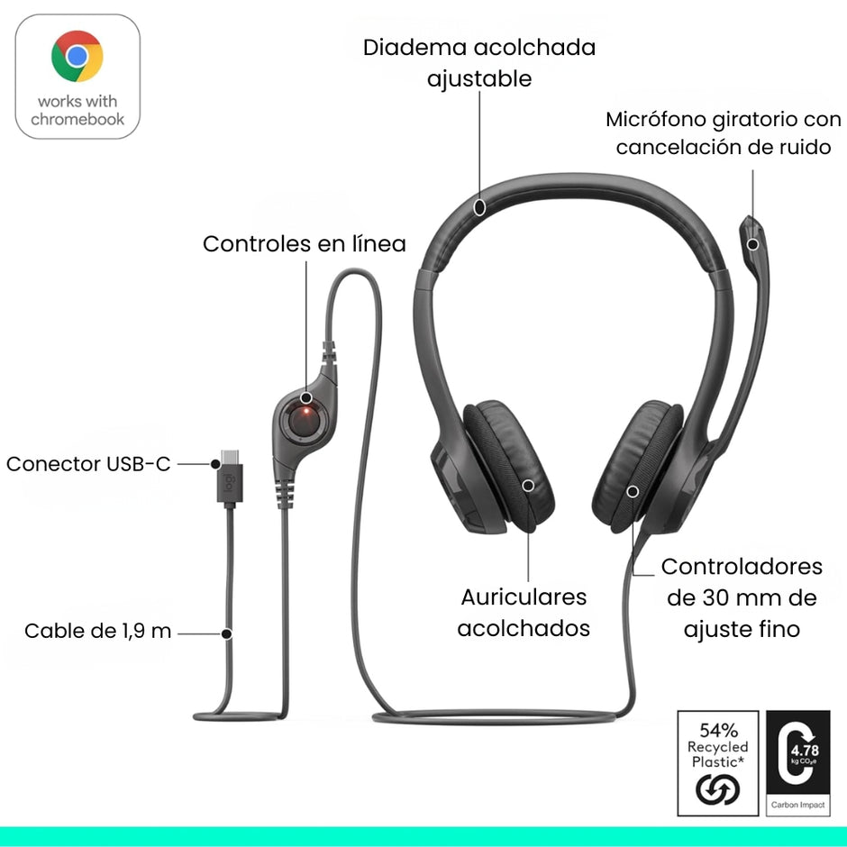 Audífonos Diadema USB-C Logitech H390 Micrófono Supresión de Ruido Audio Digital Control Mute - Negro