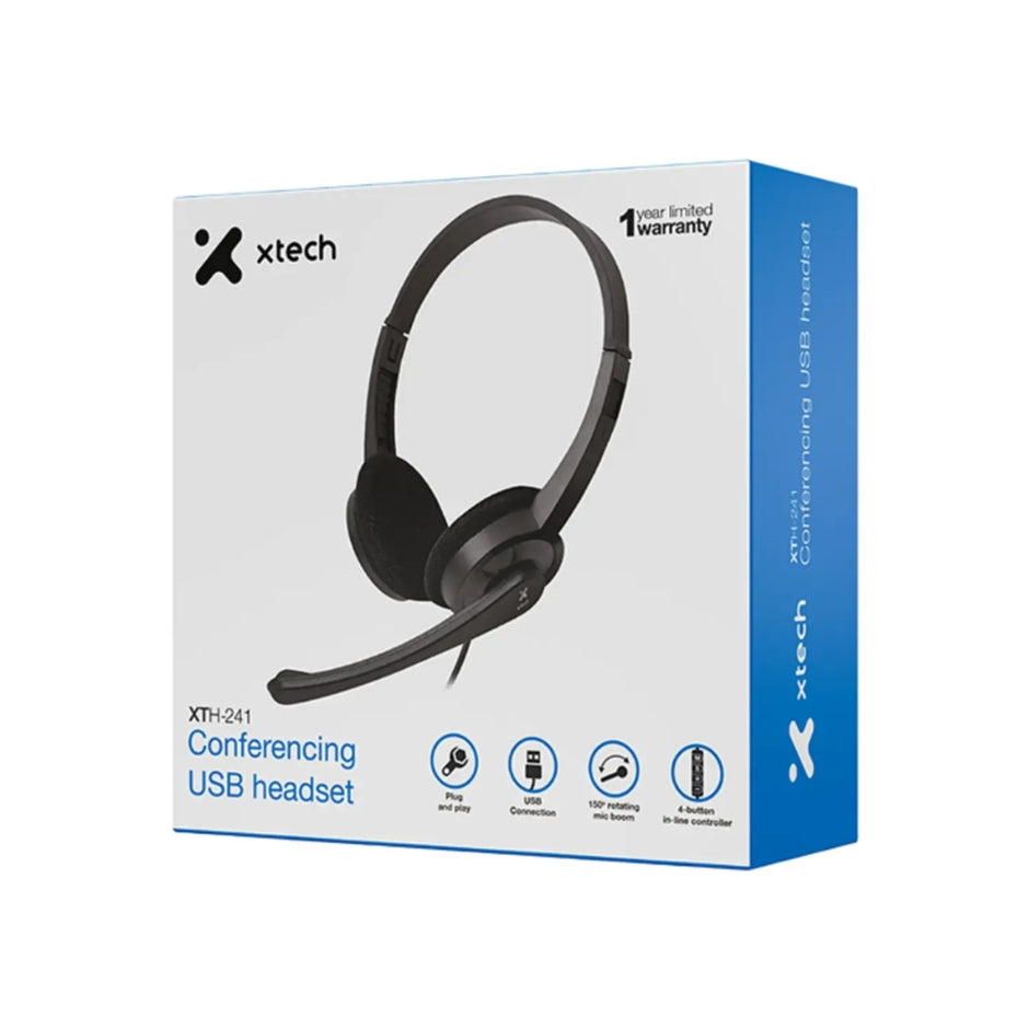 Audífonos Diadema USB Xtech XTH-241 con Micrófono, Control y Mute - Negro