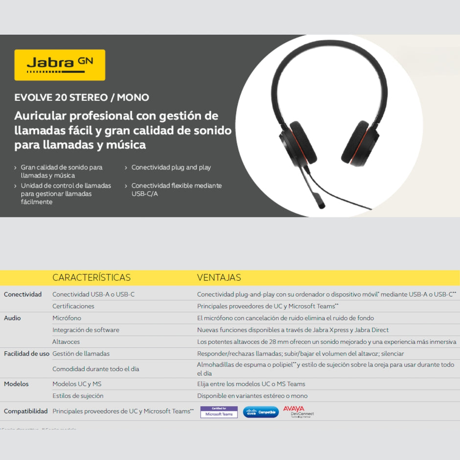 Audífonos Diadema Profesional Jabra Evolve 20 MS Estéreo USB-C/A Micrófono Control Volumen Call Center