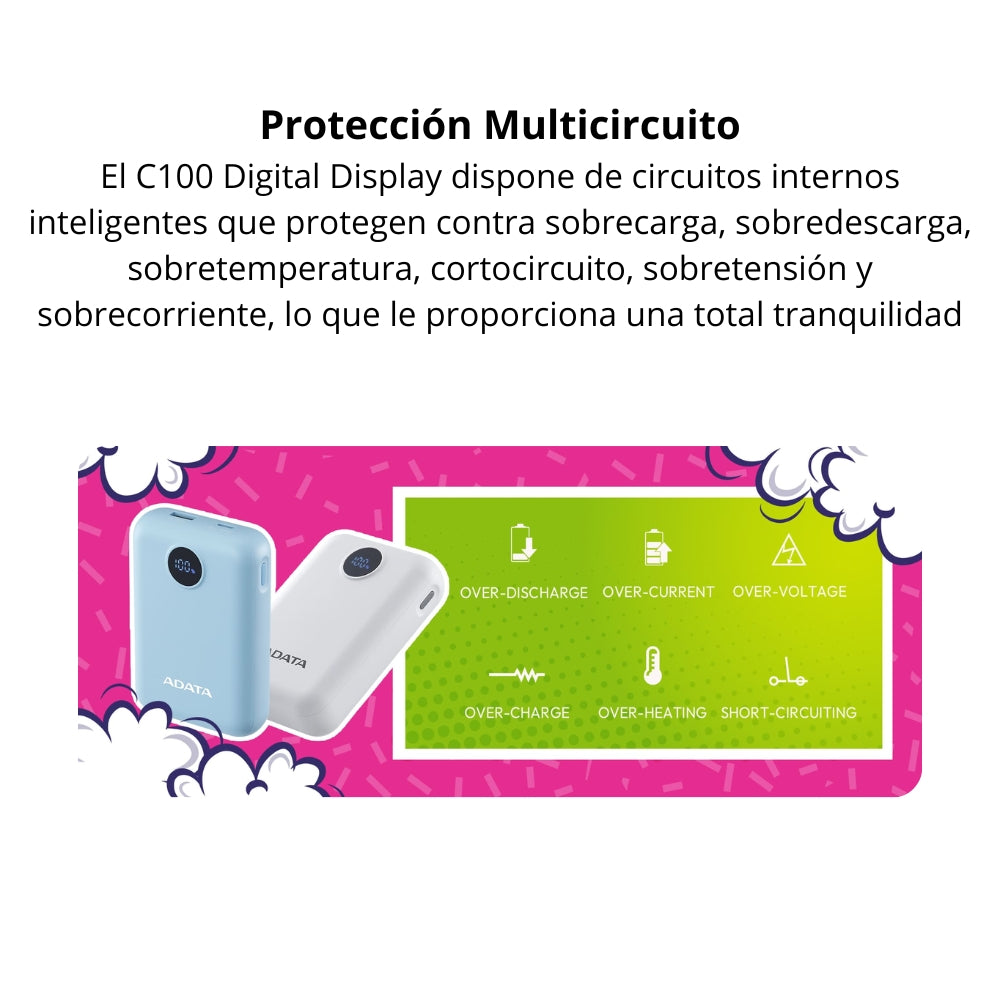 Power Bank Adata C100 Patalla Digital 10000mah 20W USB-C/USB-A y Carga Rápida QC/PD - Blanco