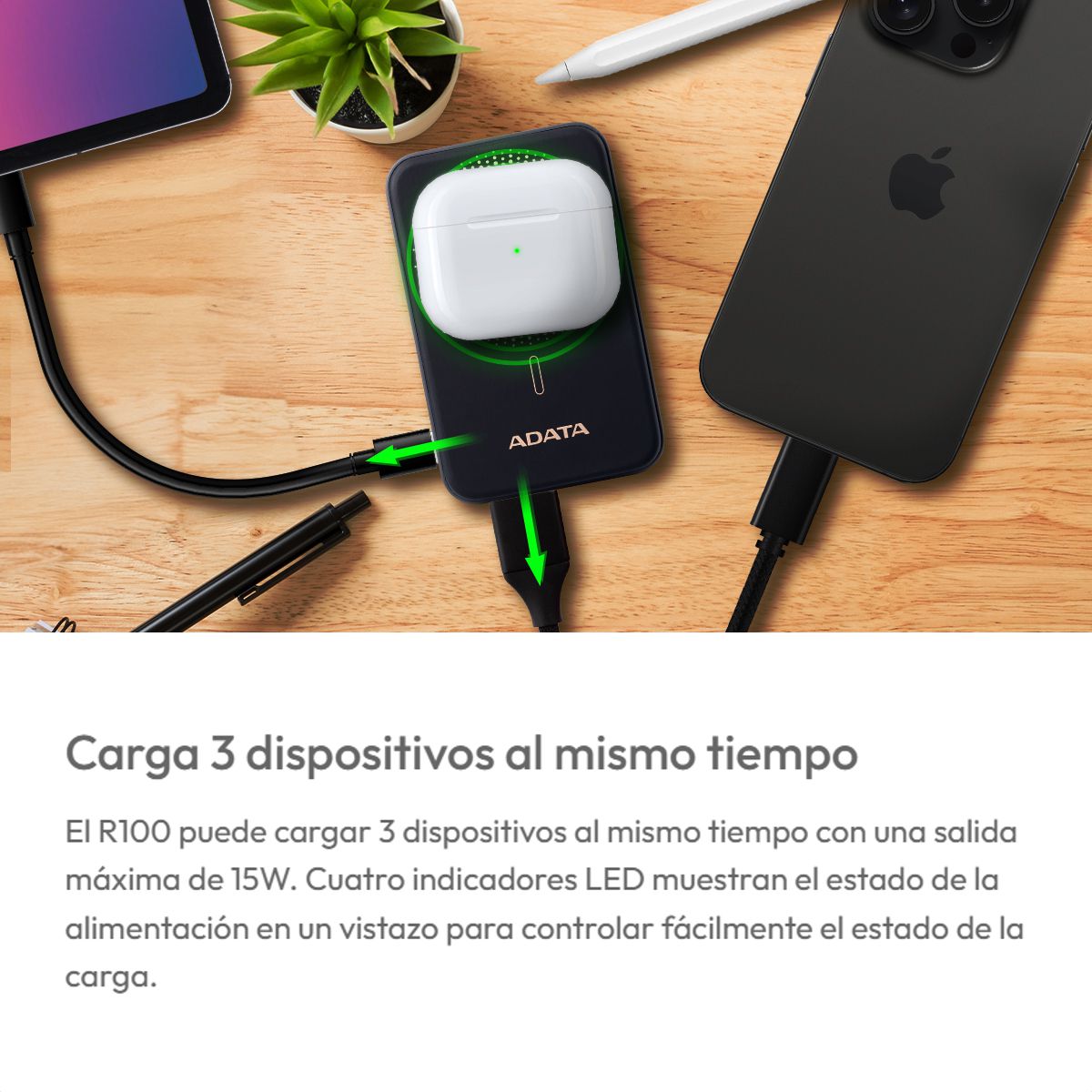 Power Bank ADATA R100 10000mAh Magnético con Carga Inalámbrica Qi y 20W USB-C PD para iPhone y Android