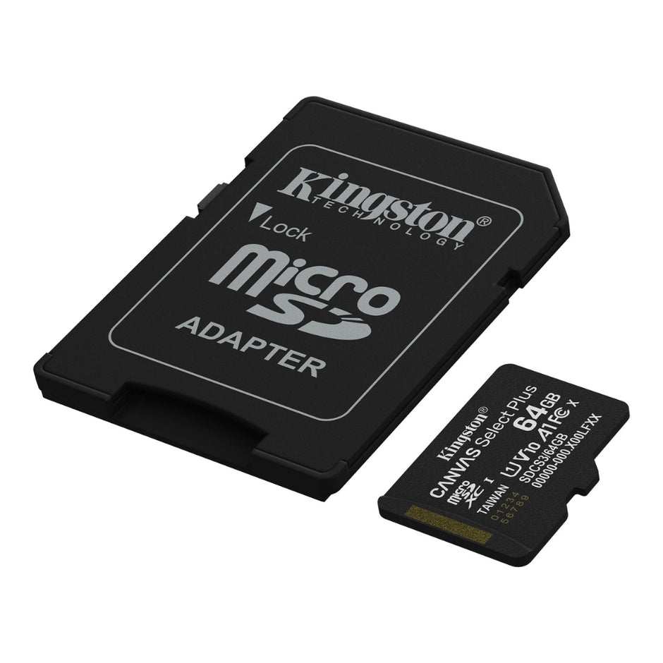 Memoria Micro SD Kingston 64GB Canvas Select Plus A1 C10 U1 V10 100MB/s con Adaptador SD - Original