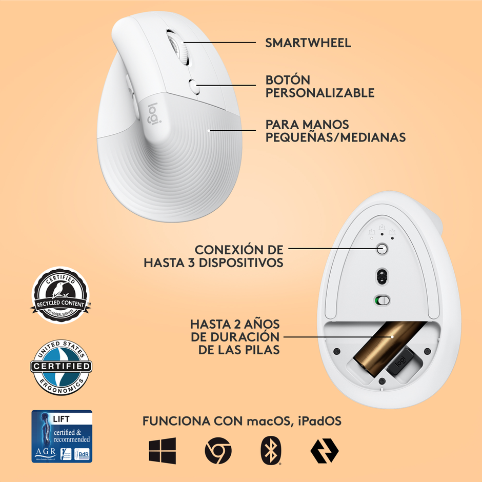 Mouse Ergonómico Vertical Logitech Lift, Inalámbrico para Manos Pequeñas y Medianas, Blanco