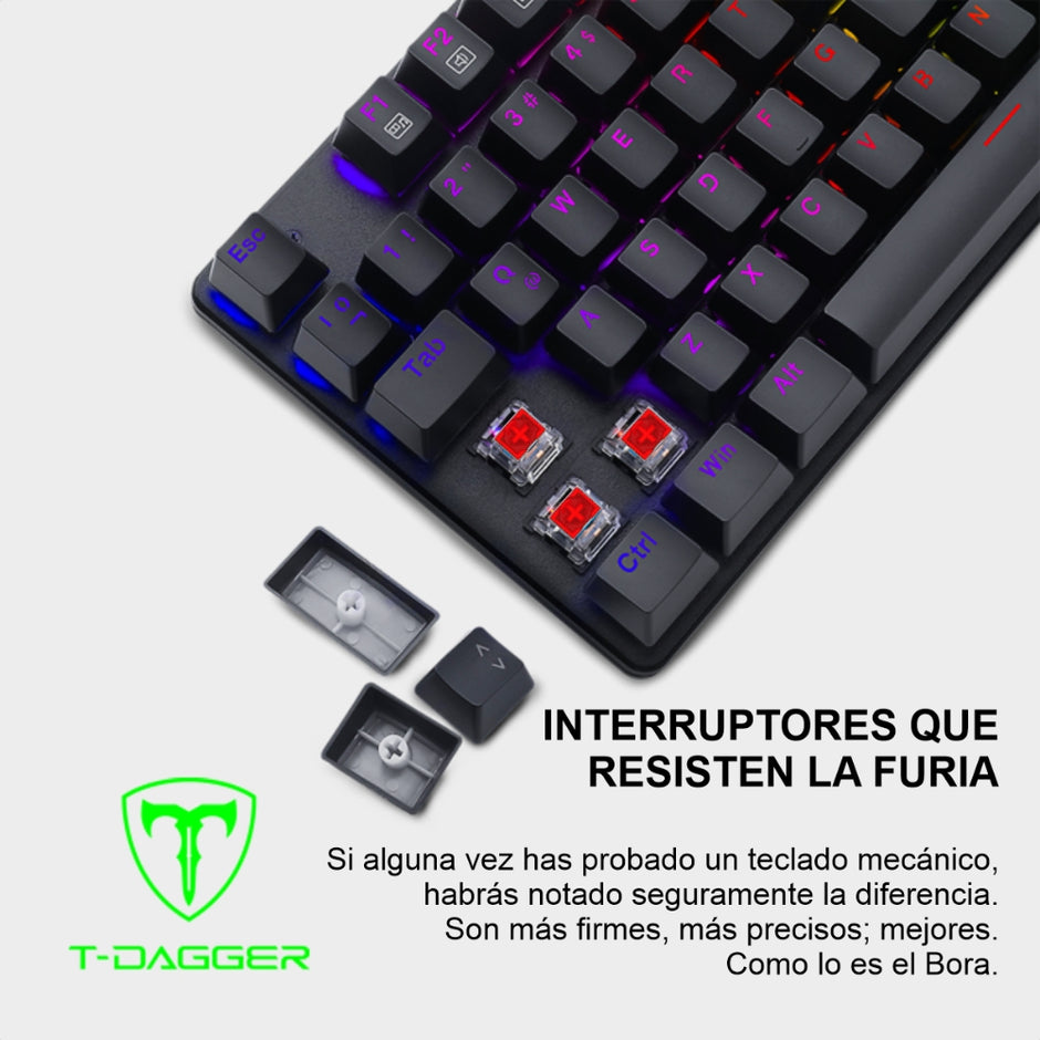 Teclado Gamer Mecanico T-dagger Bora Lite Rainbow con Switch Red, Negro/Gris