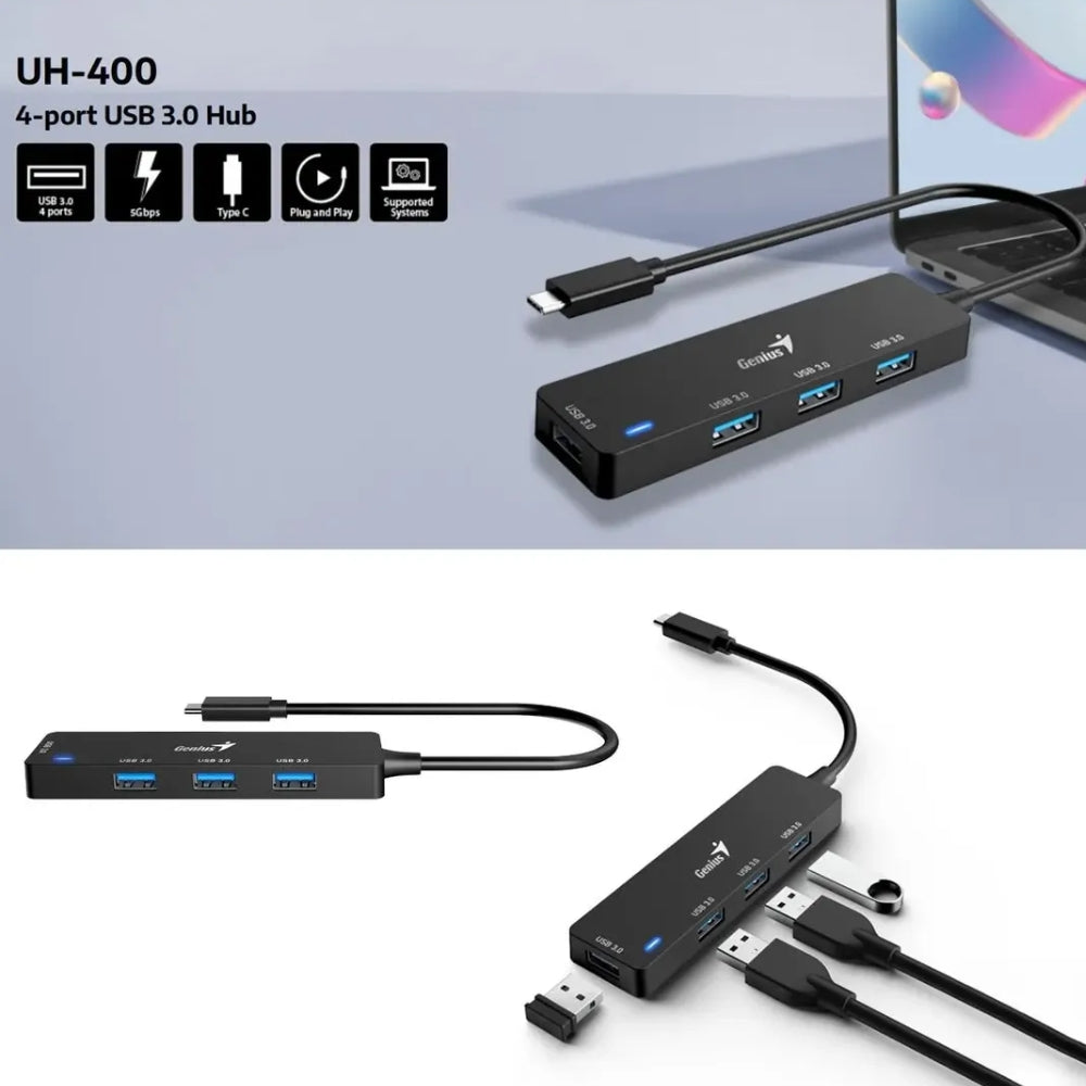 Hub Usb 3.0 Genius Uh-400 De 4 Puertos Color Negro