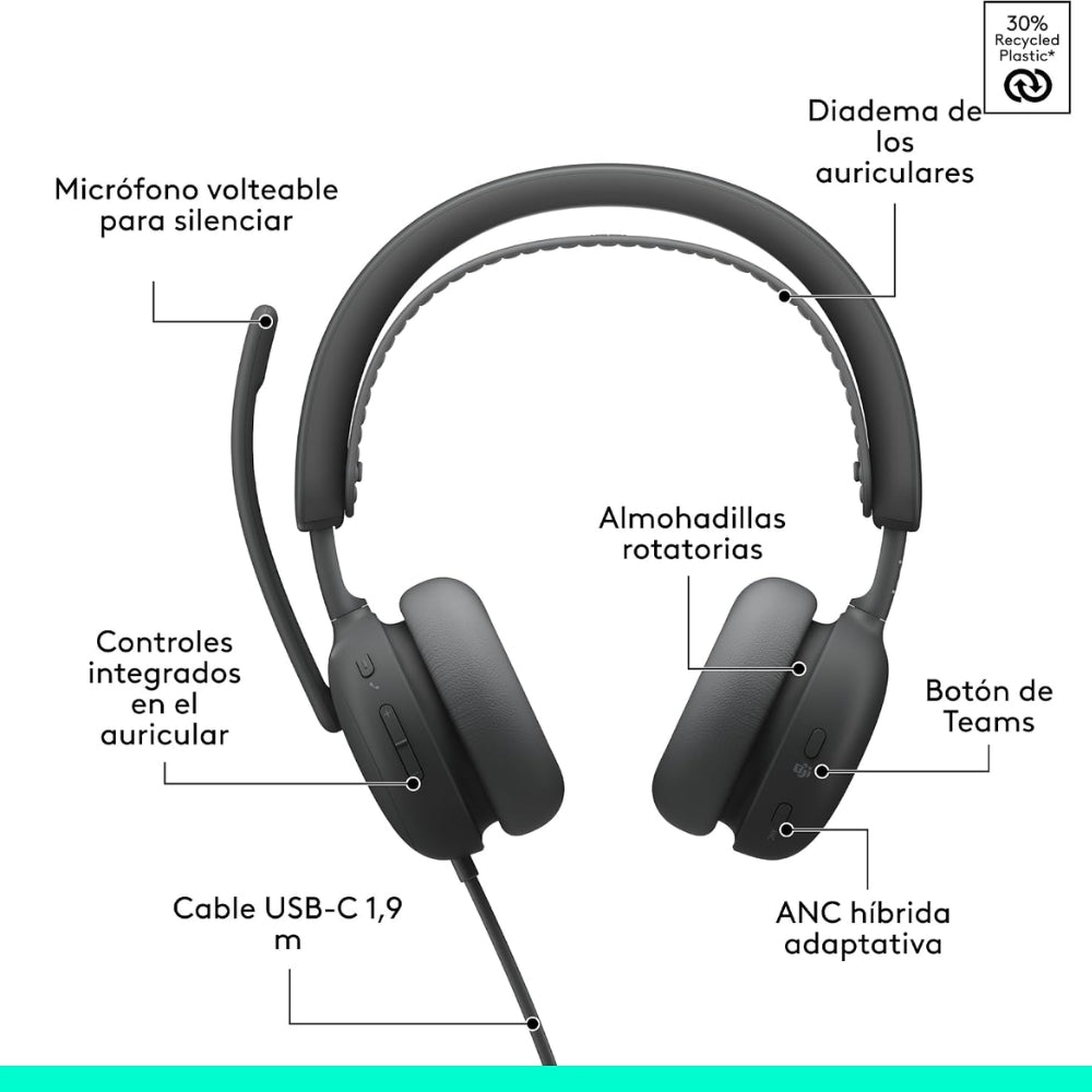 Audífonos Diadema Profesional Logitech Zone Wireless 2 ES Bluetooth ANC Híbrida Adaptativa - Grafito