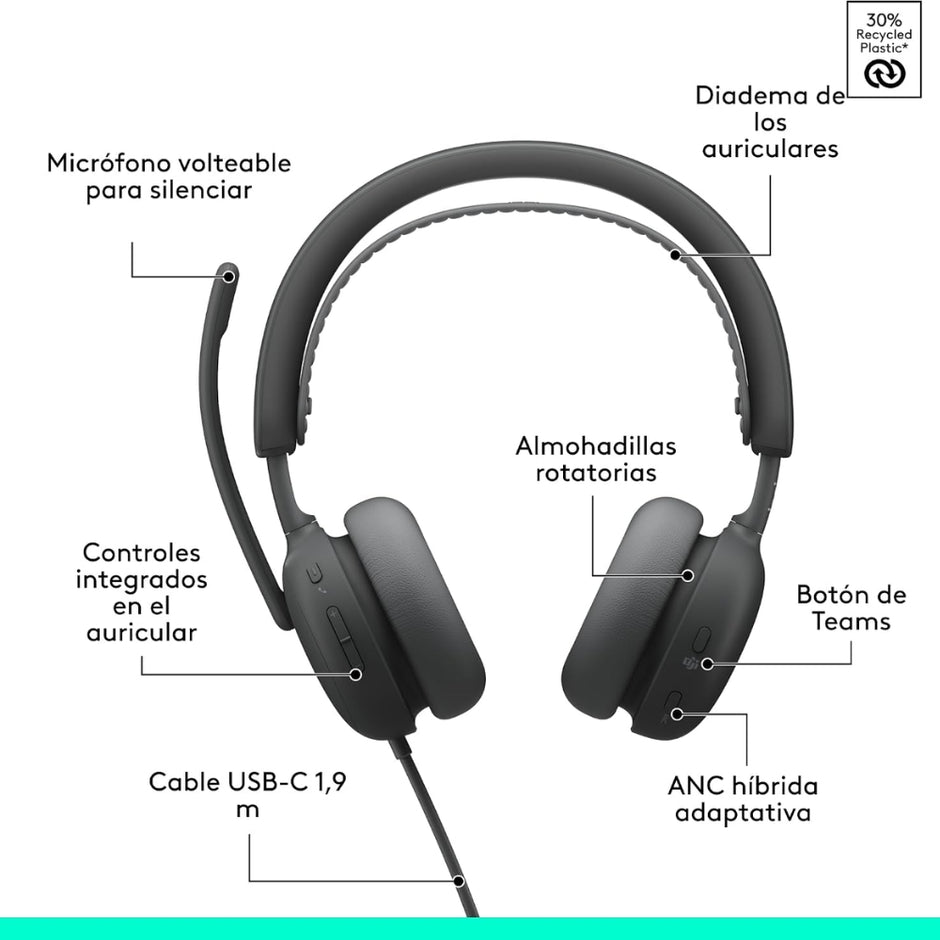 Audífonos Diadema Profesional Logitech Zone Wireless 2 ES Bluetooth ANC Híbrida Adaptativa - Grafito