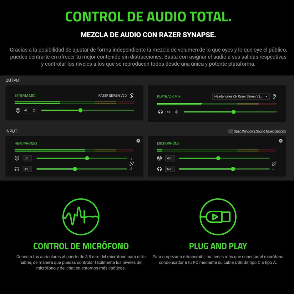 Razer Micrófono Seiren V2 X USB Condensador 25mm Supercardioide 24bit 192kHz Streaming PC