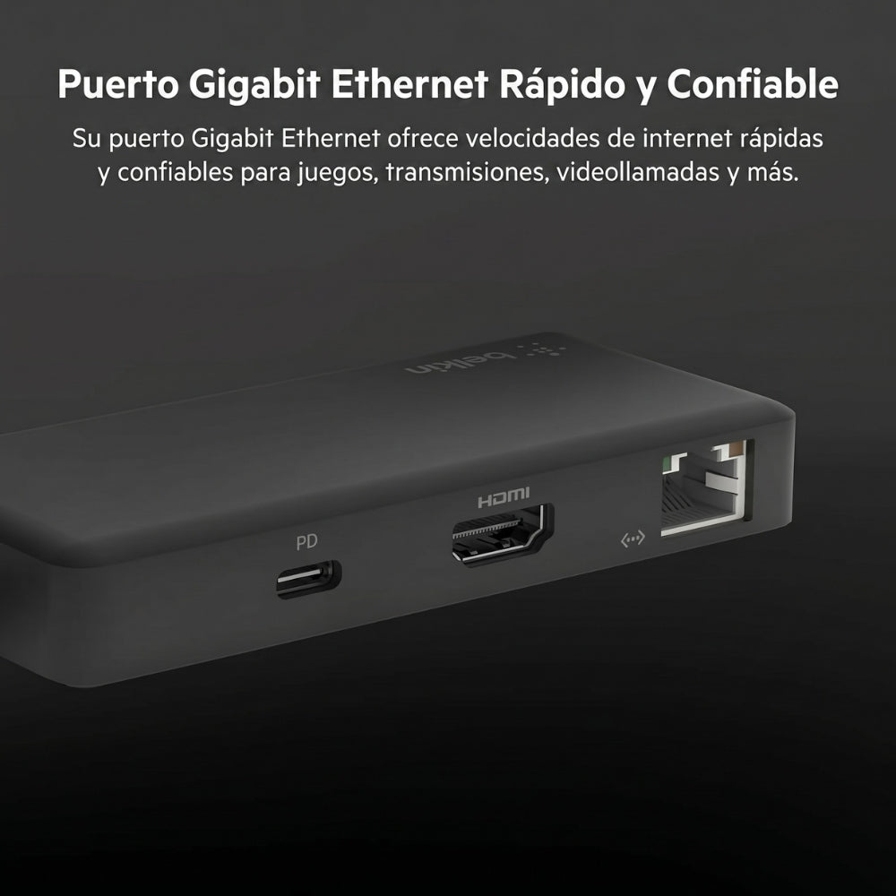 Adaptador Belkin INC008TTBK USB-C 5 en 1 con HDMI RJ45 2 USB-A y USB-C Hub Multiport para Laptop