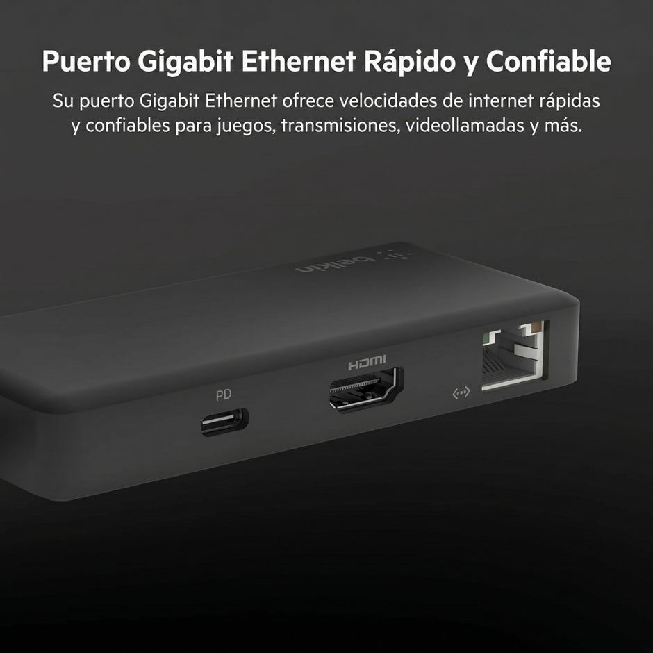 Adaptador Belkin INC008TTBK USB-C 5 en 1 con HDMI RJ45 2 USB-A y USB-C Hub Multiport para Laptop