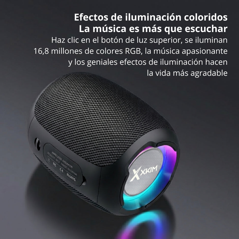 Parlante Bluetooth Portátil X-KIM XCLUSIVE AUDIO PORT TWS 10W Luces RGB MicroSD/USB/AUX/FM 3600mAh IPX5