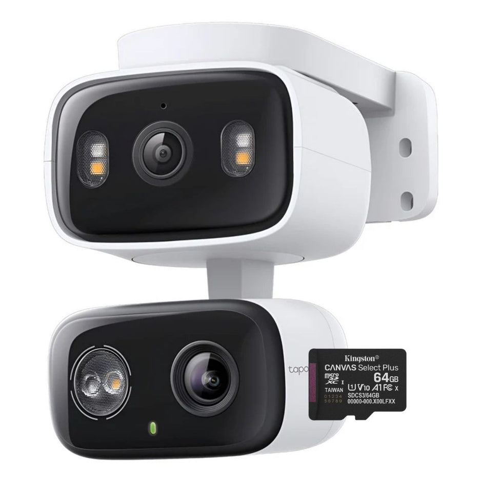 Cámara Seguridad WiFi TP-Link Tapo C246D Doble Lente 2K Exterior IP65 Visión Nocturna Color Alertas IA + Micro SD 64gb