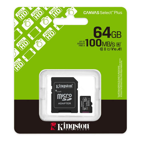 Memoria Micro SD Kingston 64GB Canvas Select Plus A1 C10 U1 V10 100MB/s con Adaptador SD - Original
