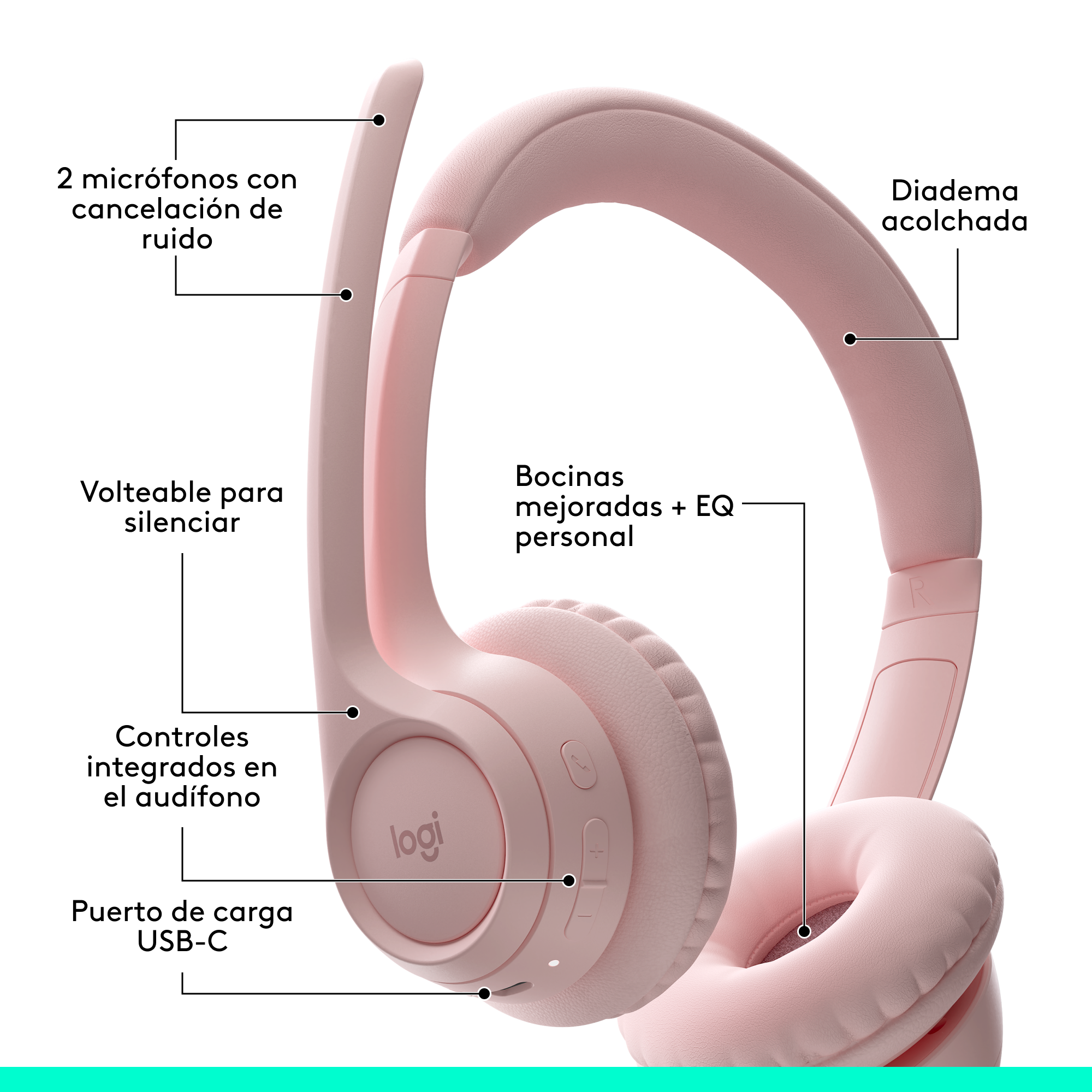 Diadema Profesional Bluetooth, Logitech Zone 300, Con Micrófono, Rosa