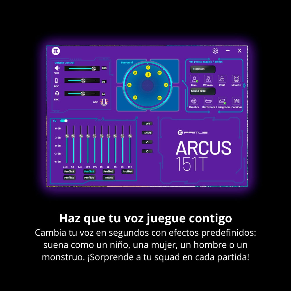 Diadema Gamer Primus Arcus 151T con Micrófono RGB USB-A y USB-C Sonido Envolvente 7.1 Negro