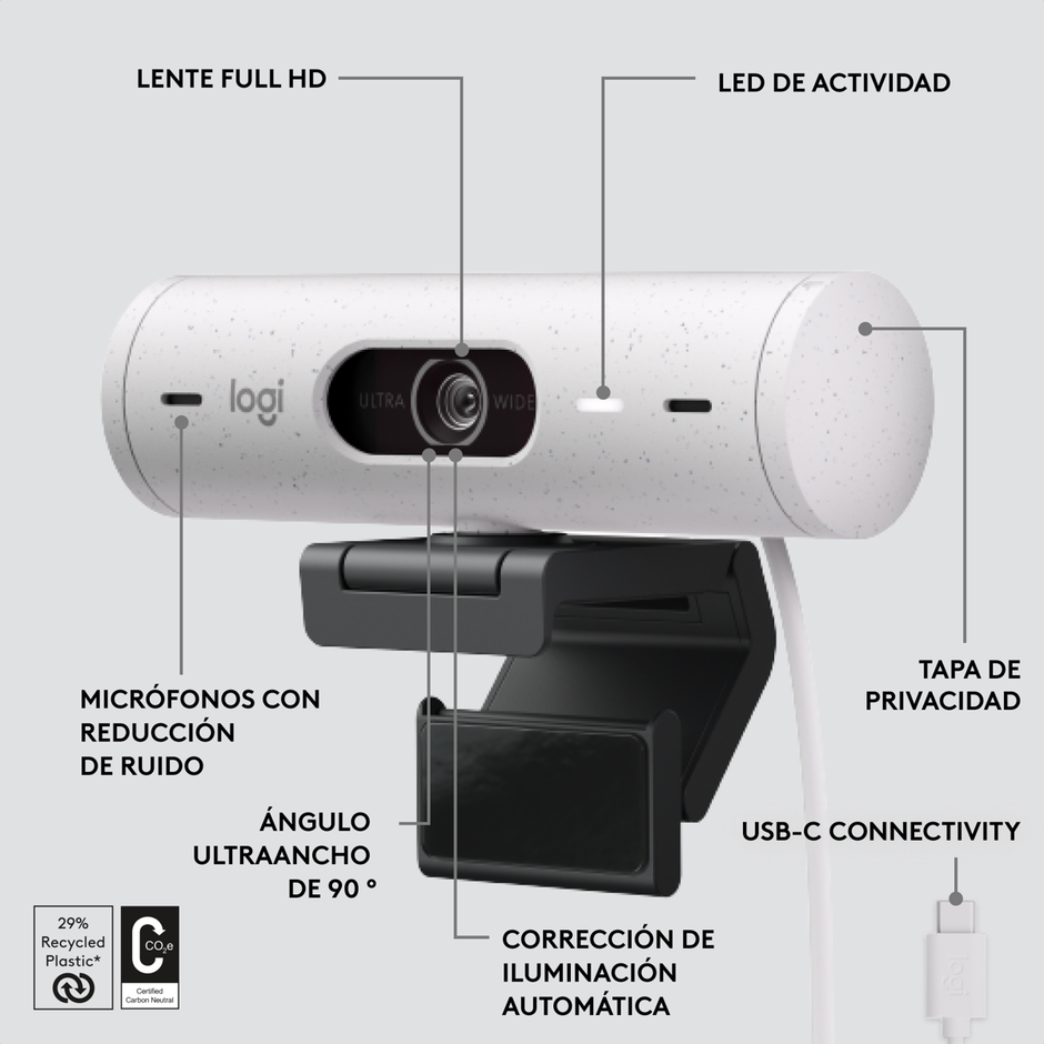 Cámara Web Full Hd Logitech Brio 500 / Rightlight 4 Con Hdr - Blanco