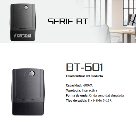 UPS Interactiva Forza BT-601 de 600VA/360W con 8 Tomas y Regulador - Negro