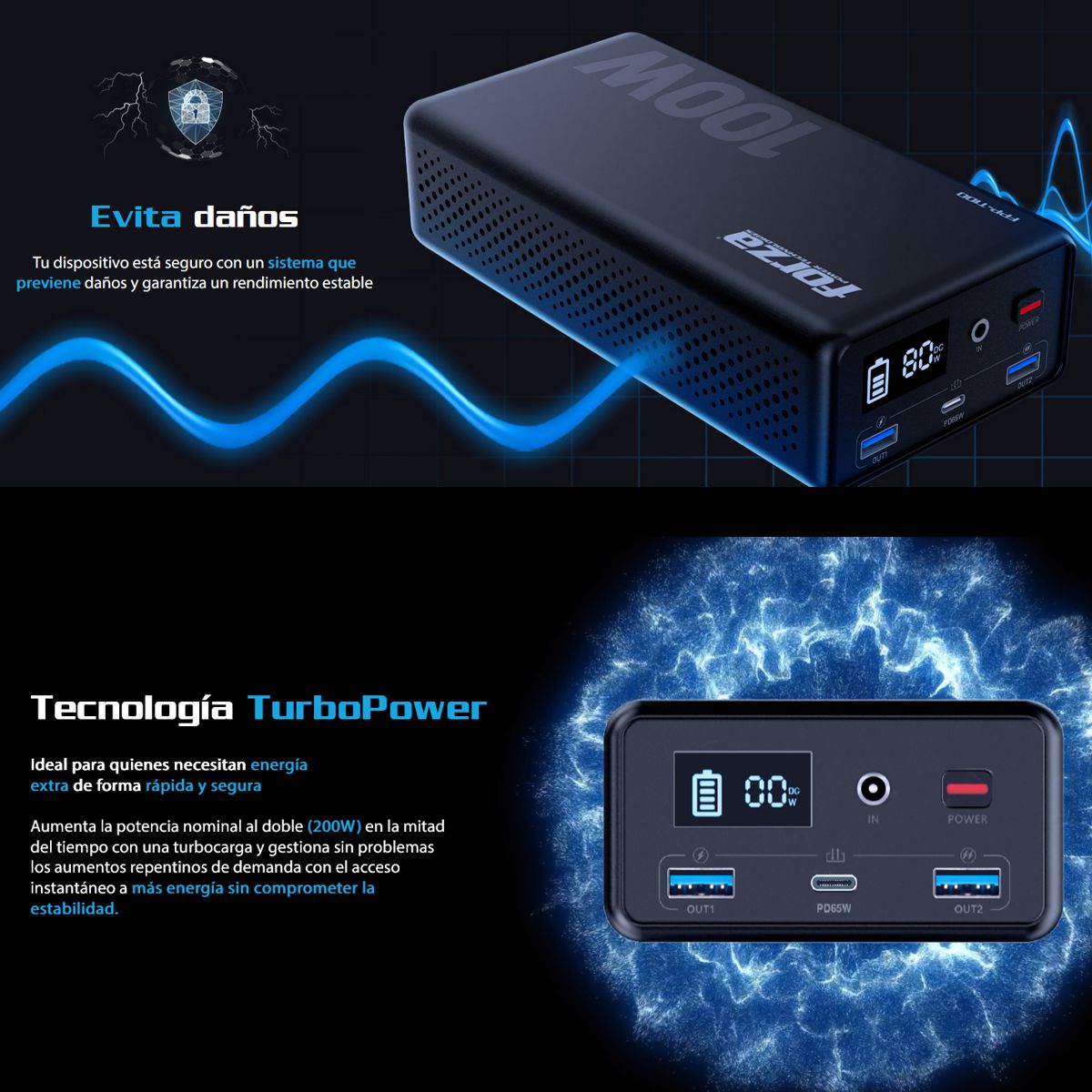 Central Eléctrica Portátil Forza FPP-T100 USB-C PD 65W Salida AC 110V 100W Apto Avión Laptop/Drones