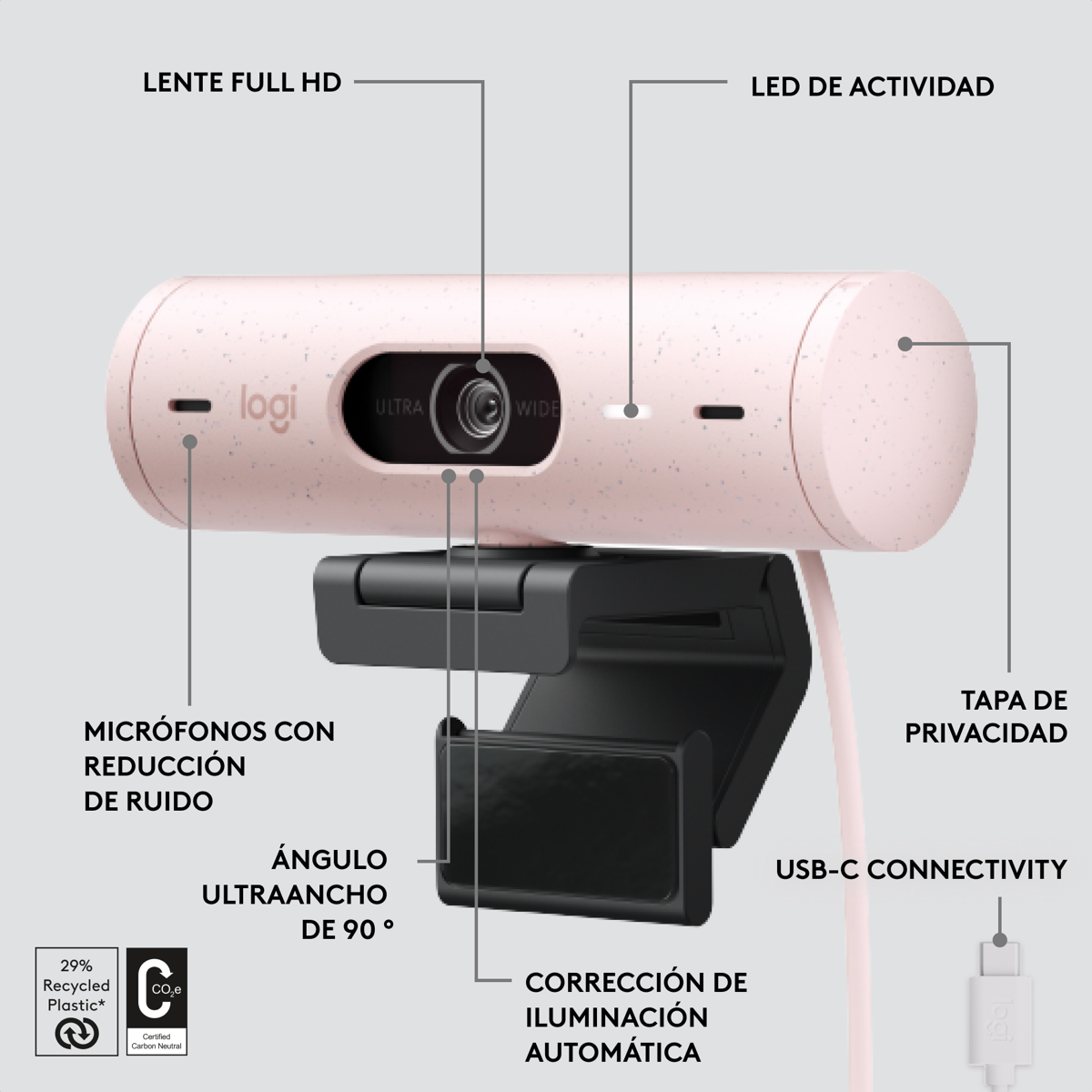 Cámara Web Full Hd Logitech Brio 500 / Rightlight 4 Con Hdr - Rosa